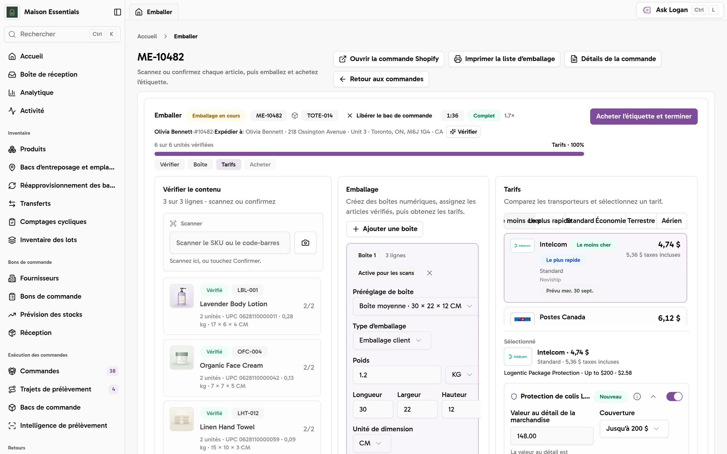 Écran d'emballage de la commande ME-10482 : 6 unités sur 6 vérifiées par scan, une boîte moyenne prédéfinie de 30 x 22 x 12 cm à 1,2 kg, et les tarifs des transporteurs comparés avant l'achat de l'étiquette