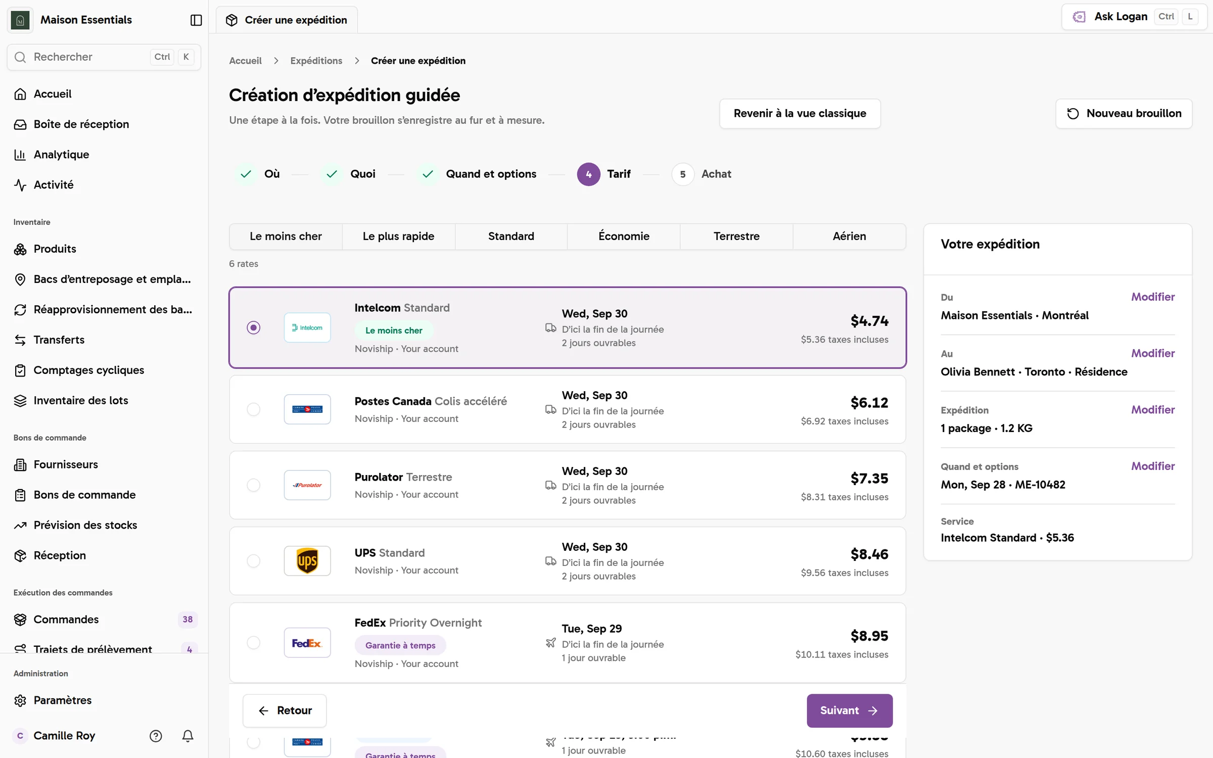 Création guidée d'un envoi, à l'étape des tarifs : six tarifs pour un colis de 1,2 kg de Montréal à Toronto, avec Intelcom Standard indiqué comme le moins cher à 4,74$, puis Postes Canada, Purolator, UPS et FedEx