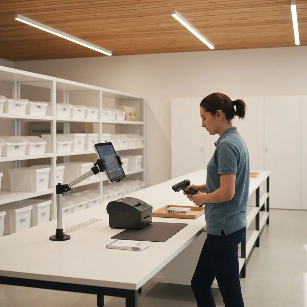 Une employée tient un lecteur de codes-barres à un poste d'emballage d'entrepôt, avec un iPad sur un bras ajustable et une imprimante d'étiquettes thermique
