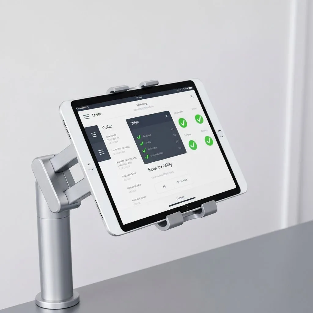 Un iPad sur le support en aluminium d'un poste d'emballage